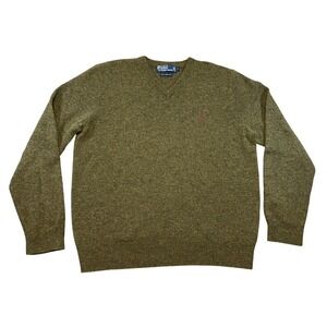 Polo Ralph Lauren Mens V-Neck Sweater Olive Green 100% Lambswool Italian Yarn L